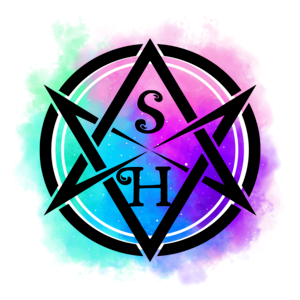 The logo of Studio Hexe; a unicursal hexagram against a pastel color pallet